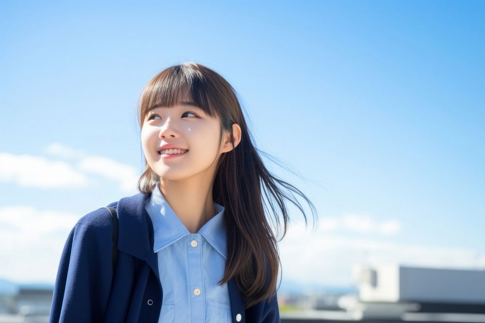 Japanese high school student smile happy blue. AI generated Image by rawpixel.