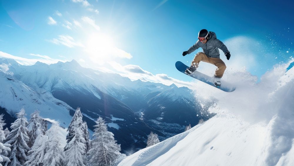 A photo of the man jumping with snowboard from the hill, snow background.  