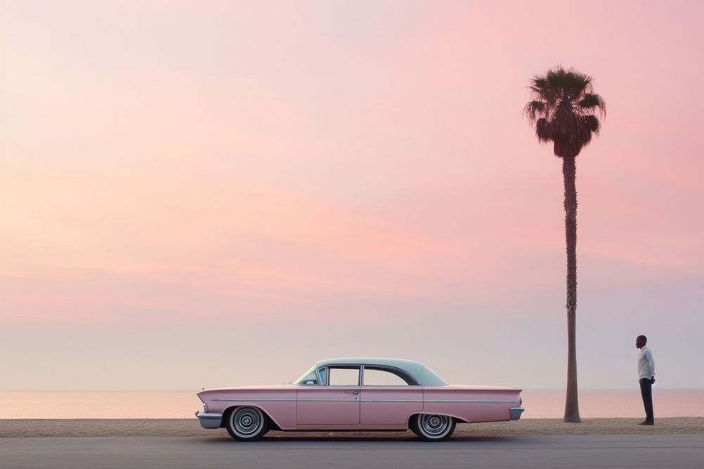 Pink retro car on a beach photo. AI generated image by rawpixel.