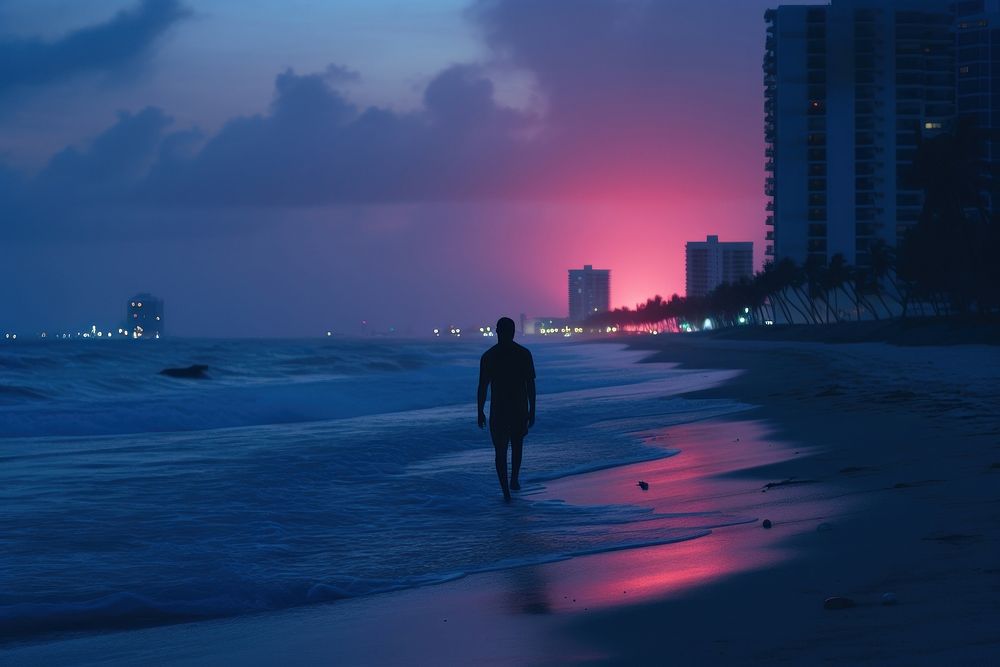 Purple evening, walking along the beach photo. AI generated image by rawpixel.