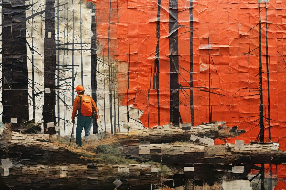 Logger cuts tree, paper textured photo. 