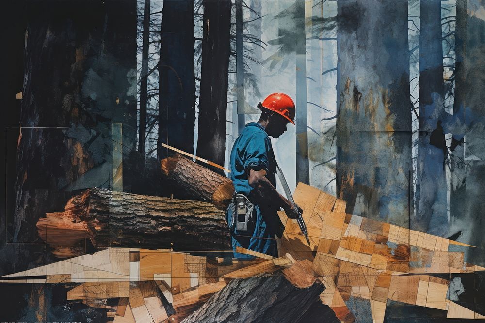 Logger cuts tree, paper textured photo. AI generated image by rawpixel.