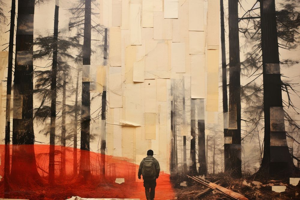 Logger cuts tree, paper textured photo. 