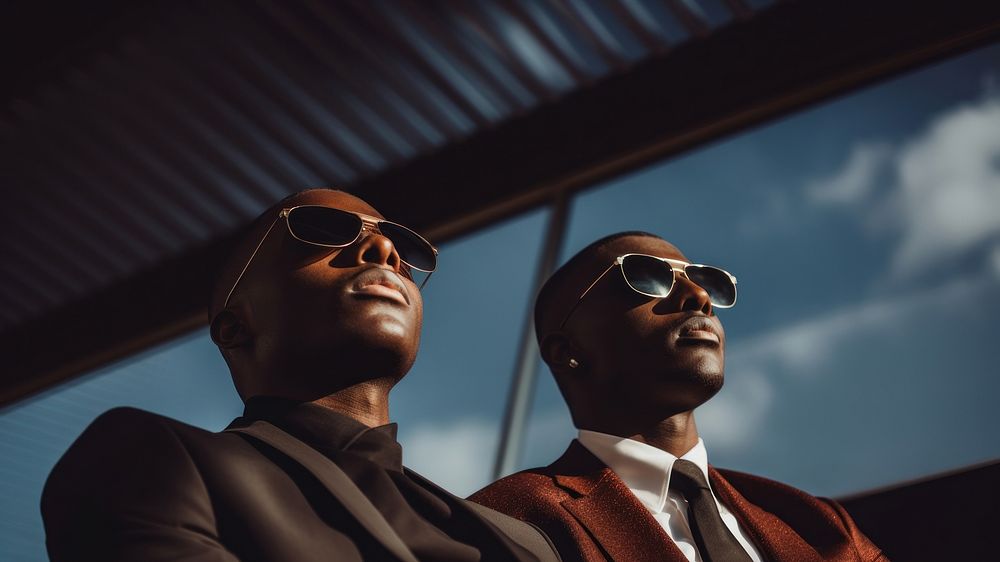 photo of african American men look up the same way, wear suit and sunglasses.  