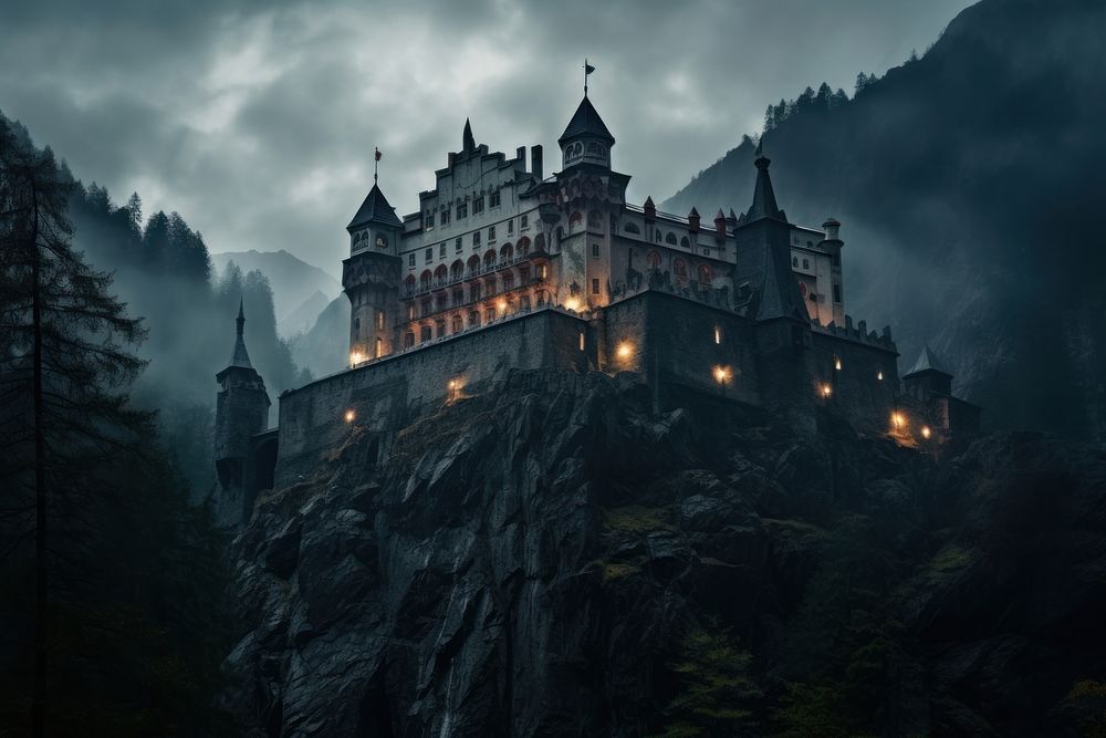 A dracula castle architecture building illuminated. AI generated Image by rawpixel.