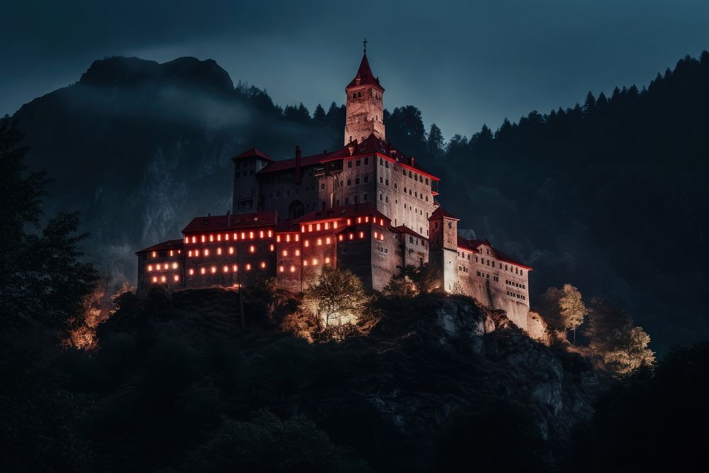 A dracula castle architecture building night. AI generated Image by rawpixel.