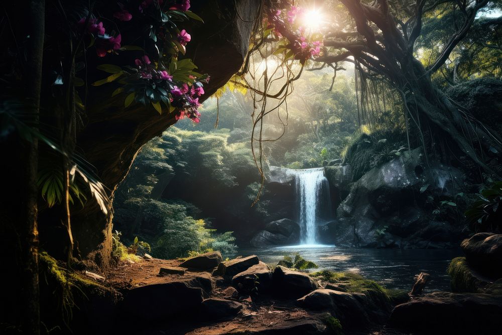 Waterfall forest tree landscape. AI generated Image by rawpixel.
