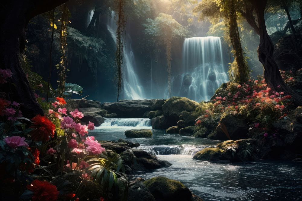 Waterfall forest tree outdoors. AI generated Image by rawpixel.