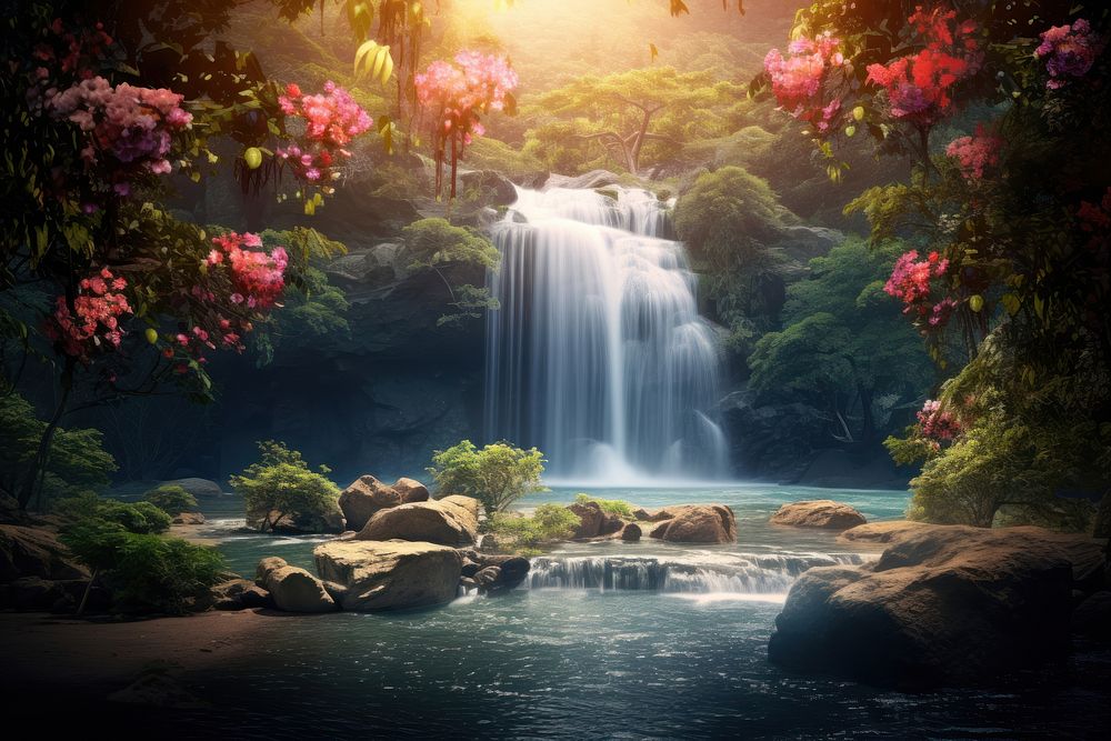 Waterfall forest flower tree. 