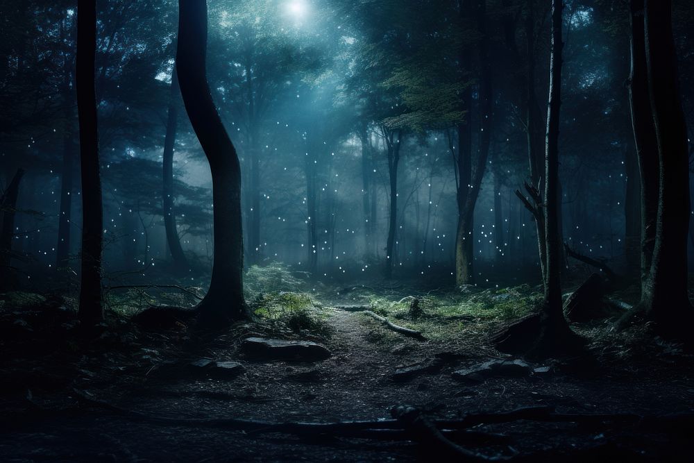 A magical forest night landscape outdoors. 