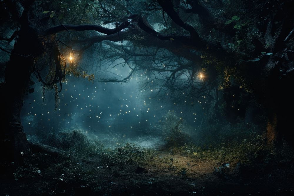 A magical forest night outdoors woodland. 