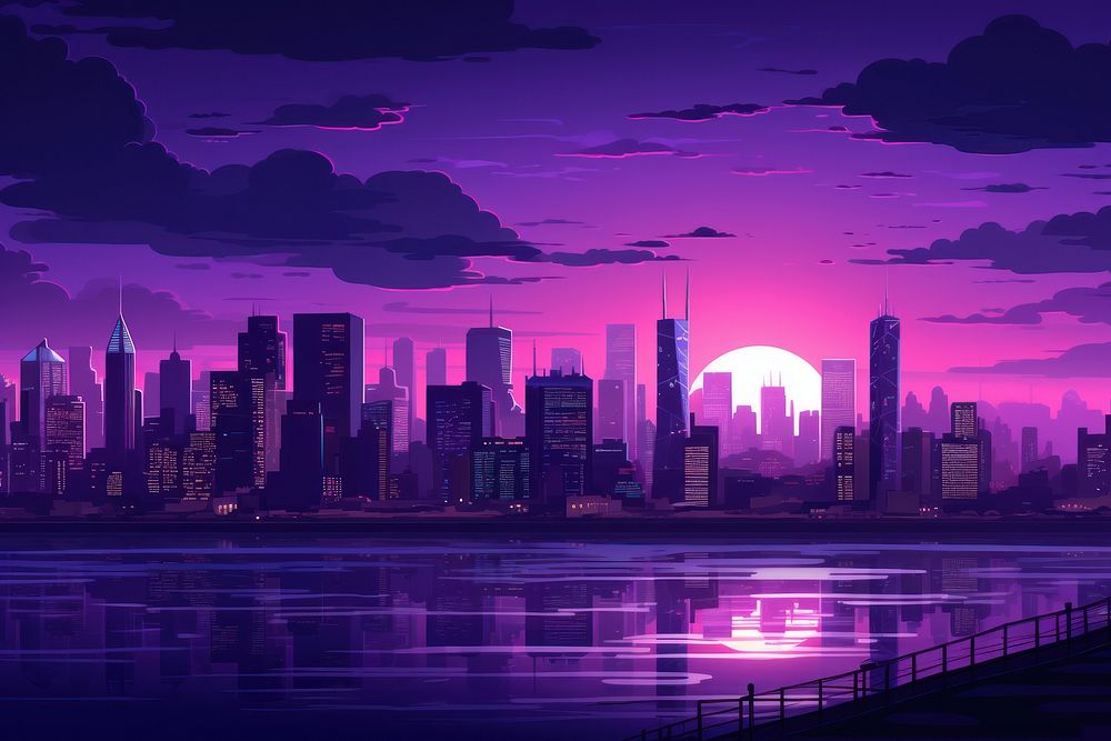 Cityscape vector art purple night architecture. AI generated Image by rawpixel.