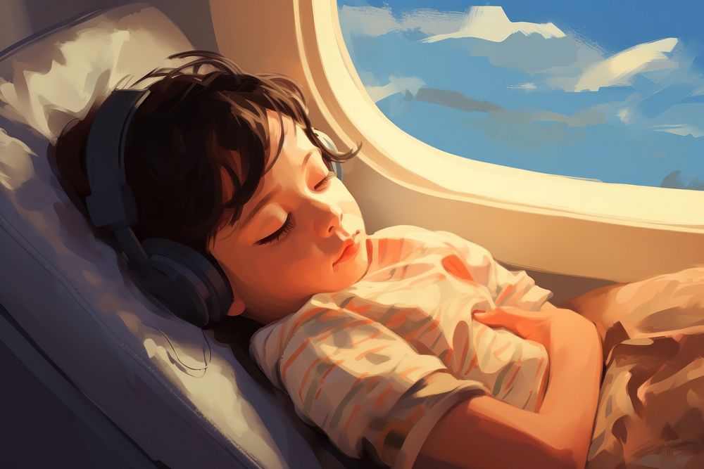Passenger sleeping headphones airplane. AI generated Image by rawpixel.