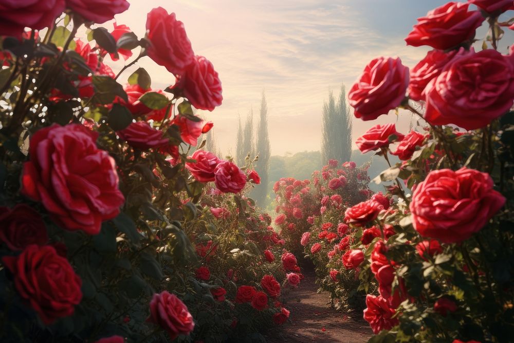 Blooming red roses landscape outdoors blossom. AI generated Image by rawpixel.