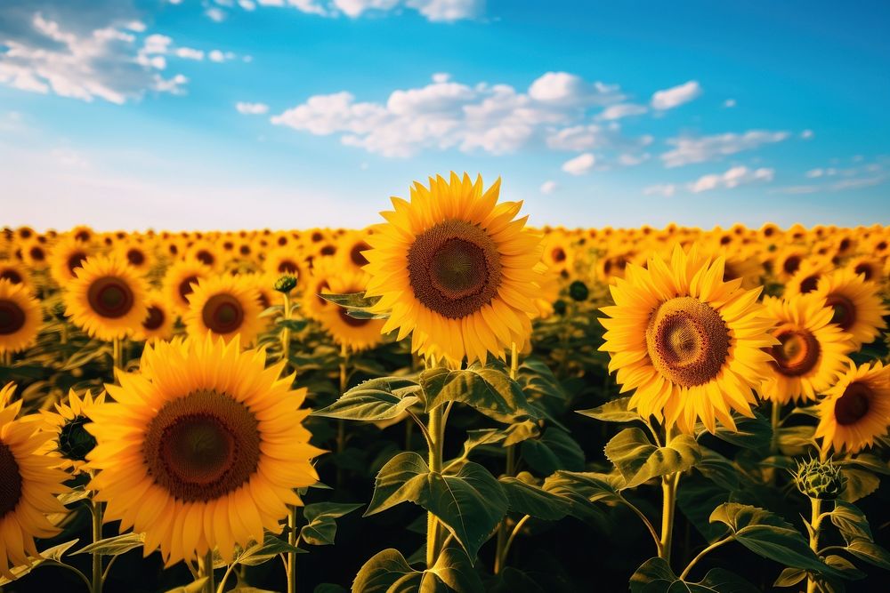 Blooming sunflowers landscape outdoors nature. AI generated Image by rawpixel.