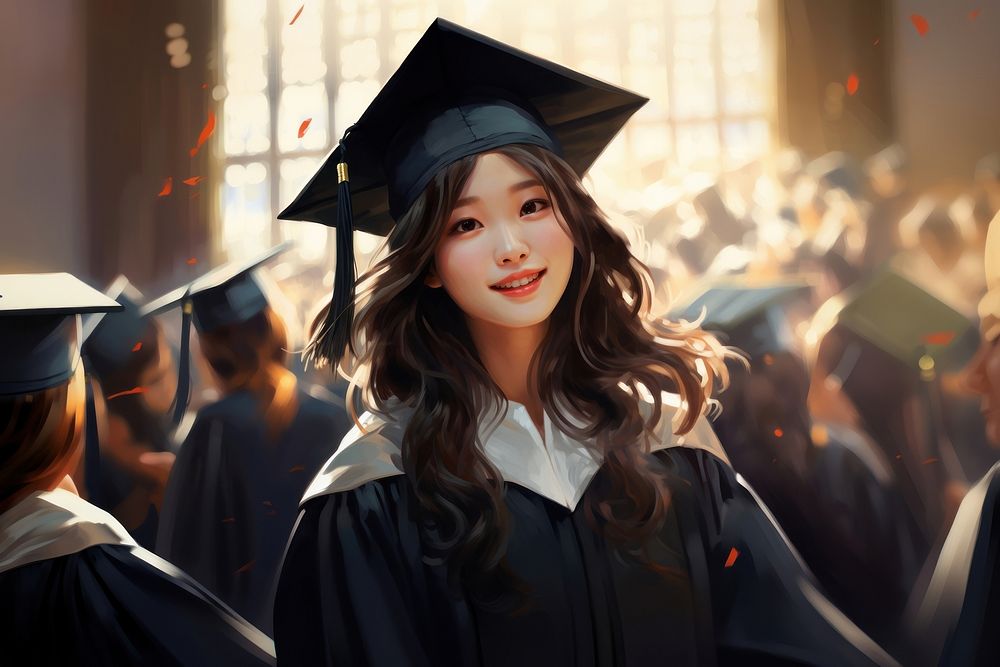 Asian student girl graduation adult intelligence architecture. 