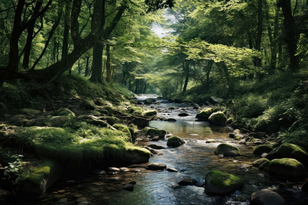 Forest stream vegetation landscape. AI generated Image by rawpixel.