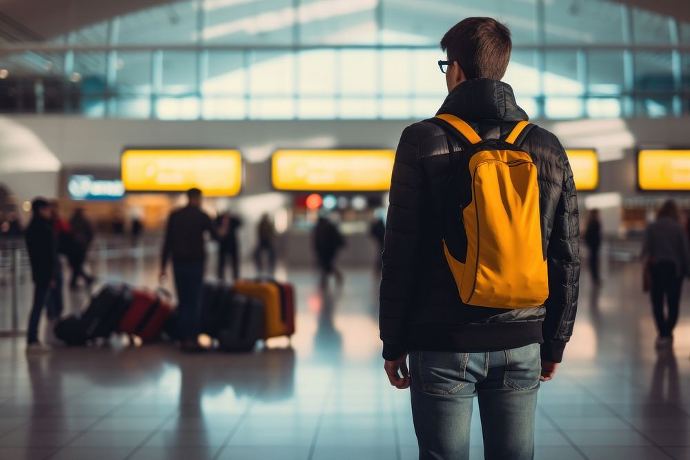 Tourist airport backpack standing. 