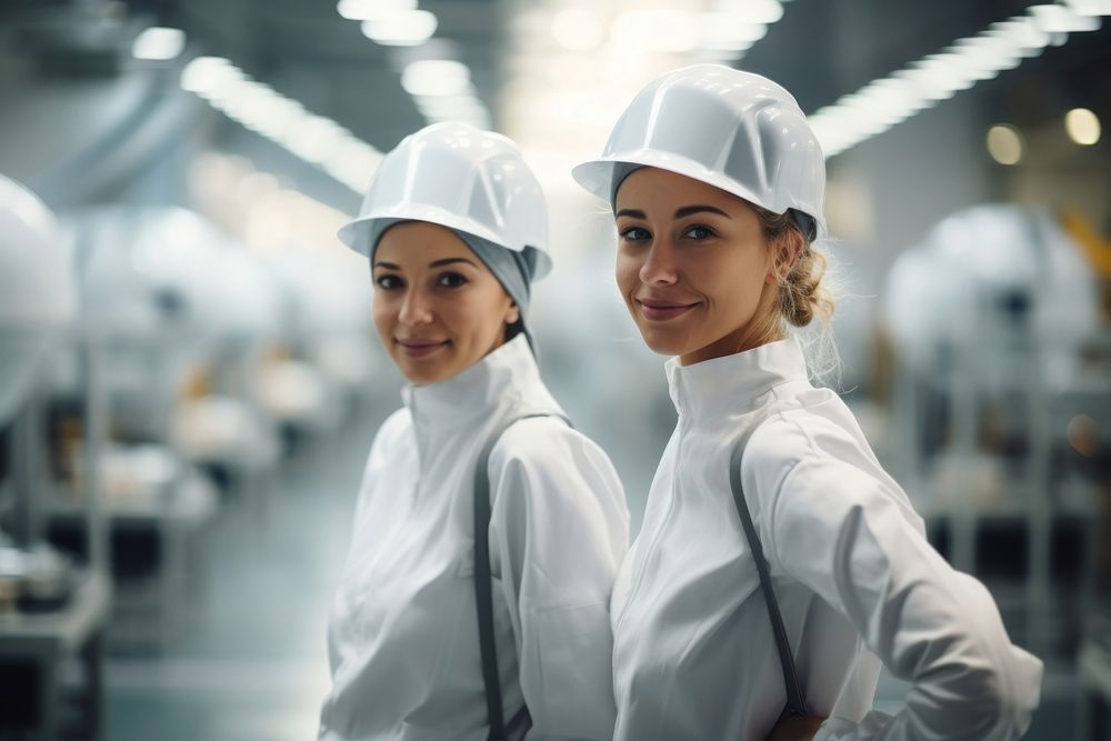 Two females wearing protective uniform working factory hardhat. AI generated Image by rawpixel.