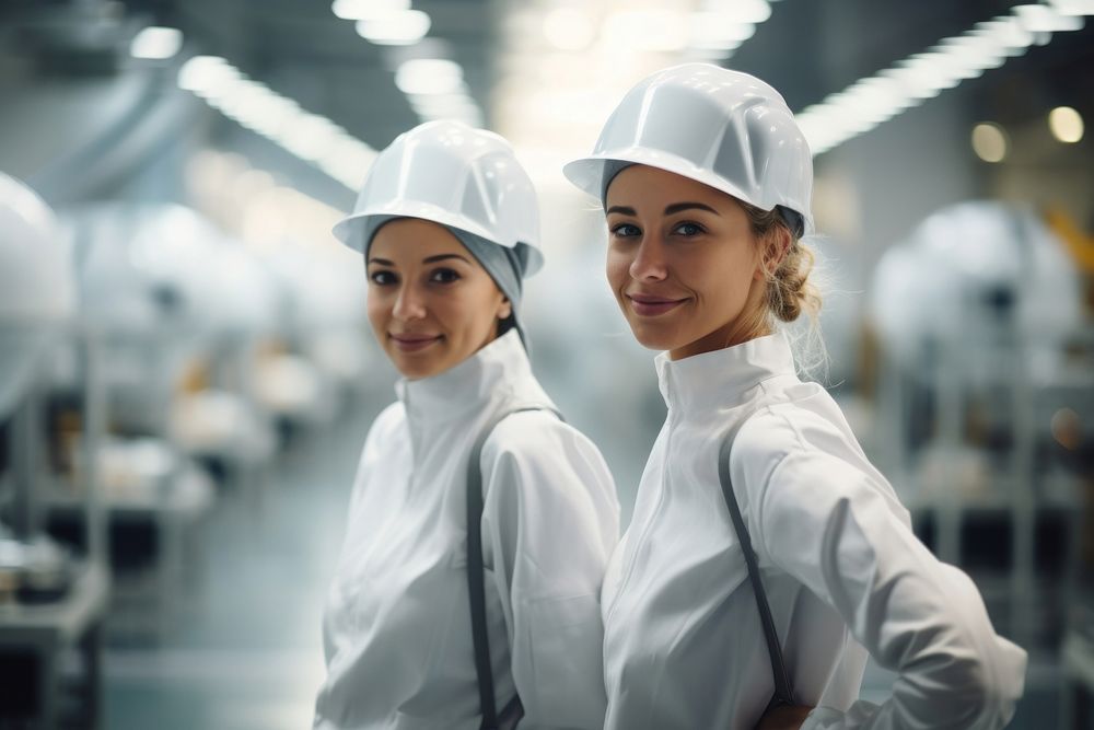 Two females wearing protective uniform working factory hardhat. 