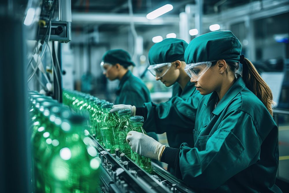 Two mixed race females wearing protective green uniform factory manufacturing working. 