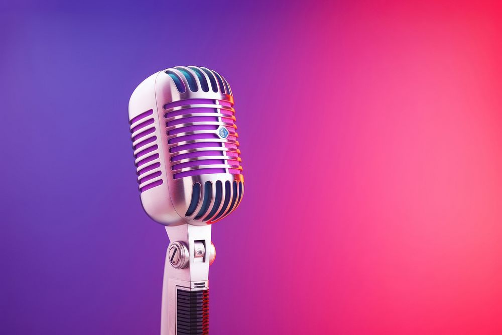 photo of vintage microphone, pink and purple background gradient, background copy space.  