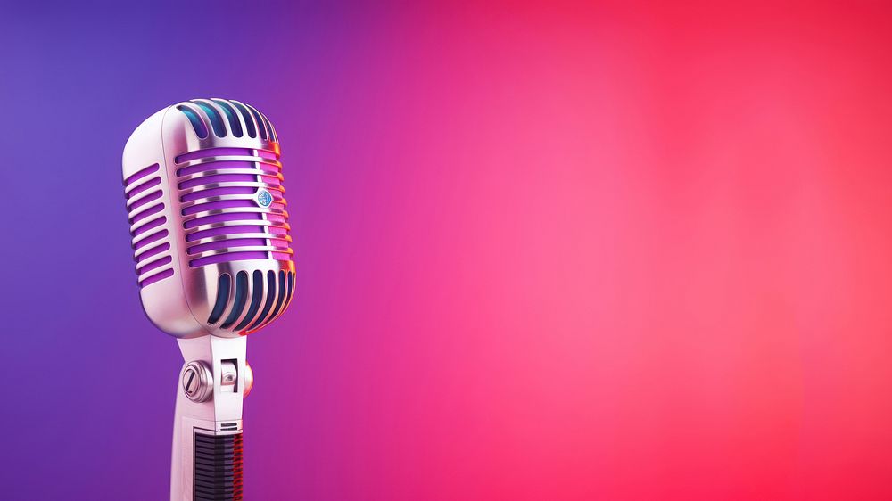 photo of vintage microphone, pink and purple background gradient, background copy space.  