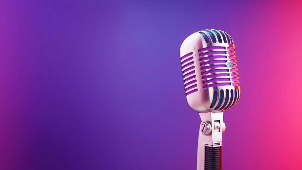 photo of vintage microphone, pink and purple background gradient, background copy space. AI generated Image by rawpixel. 