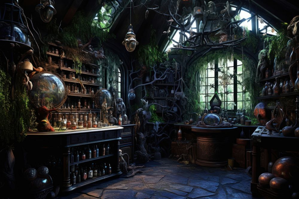 Magic world Cursed Apothecary Room architecture building. 