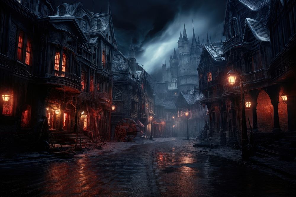 Cursed commercial area magic world street alley. AI generated Image by rawpixel.