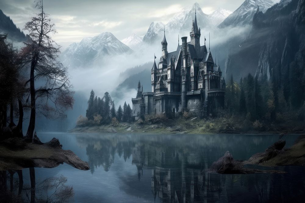 Cursed lake Gothic style castle architecture landscape. AI generated Image by rawpixel.