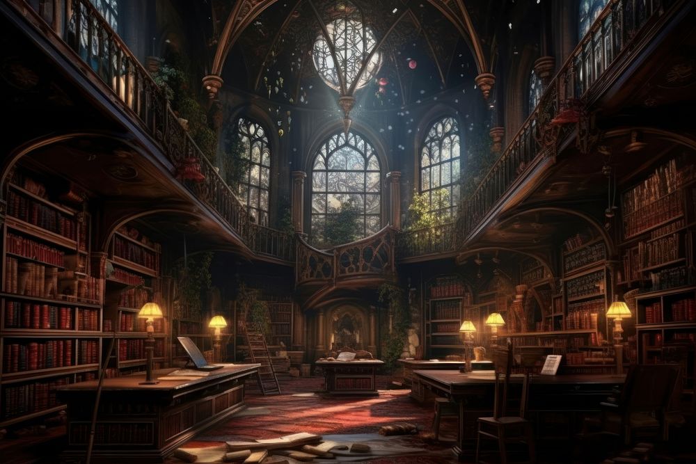 Cursed library magic world architecture publication. 