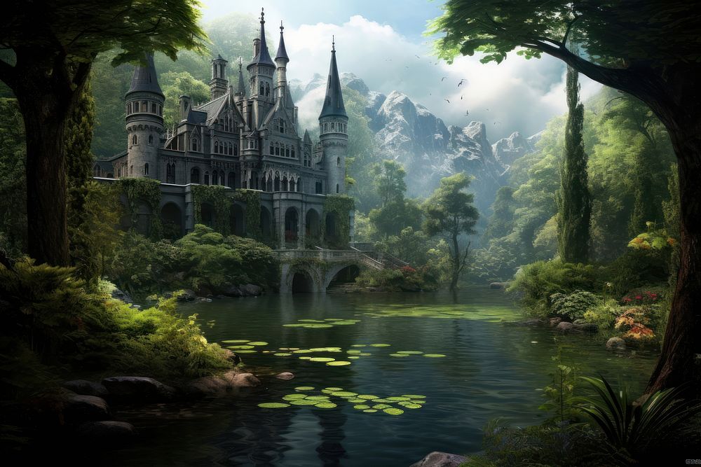 Lagoon Gothic style castle architecture building. 