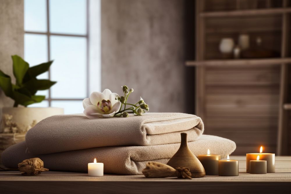 Massage therapy candle towel spirituality. AI generated Image by rawpixel.