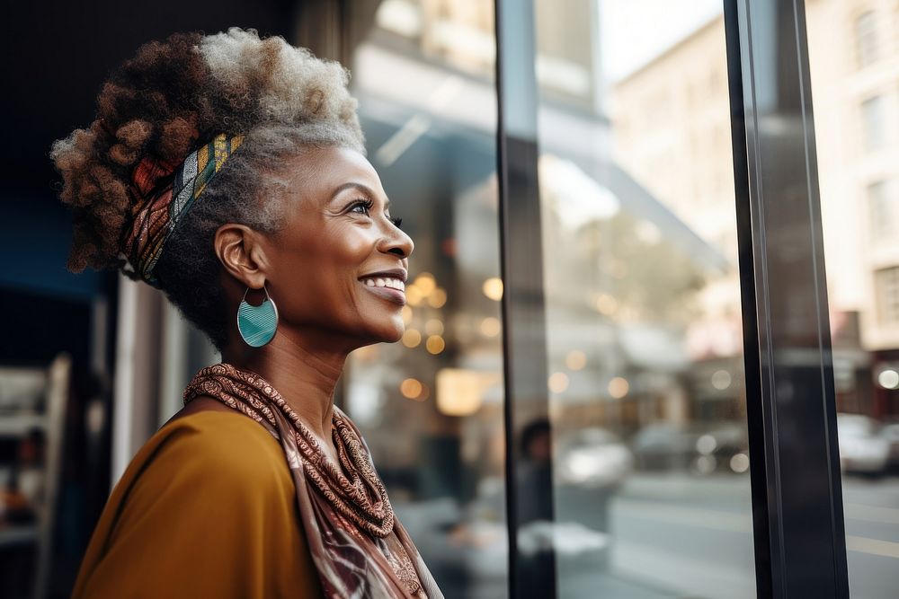 Middle-aged african woman adult smile city. AI generated Image by rawpixel.