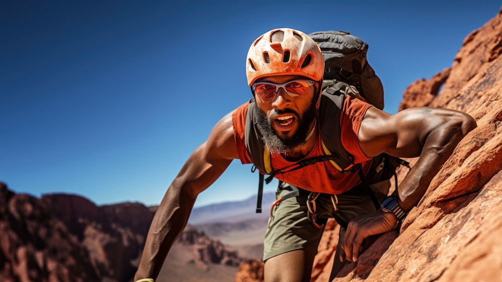 Photo of a african american hikier go rock climbing.  