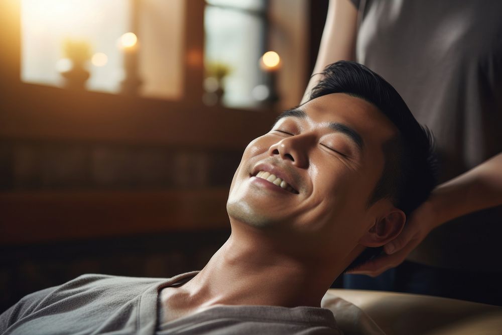 Asian man enjoying a shoulder massage adult spa spirituality. 