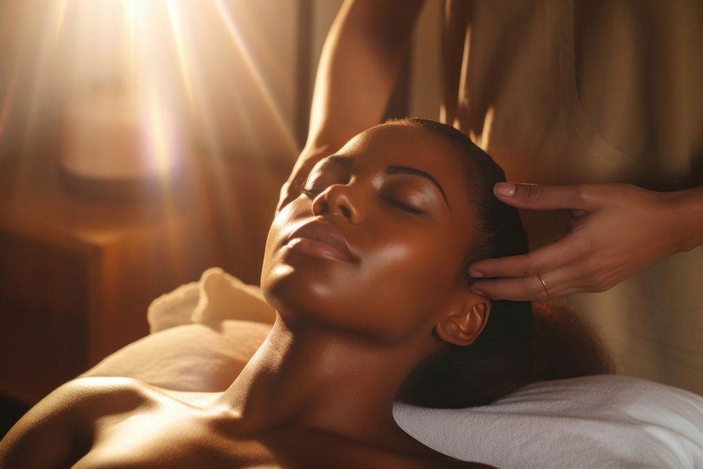 Black Woman receiving a head massage adult woman spa. 