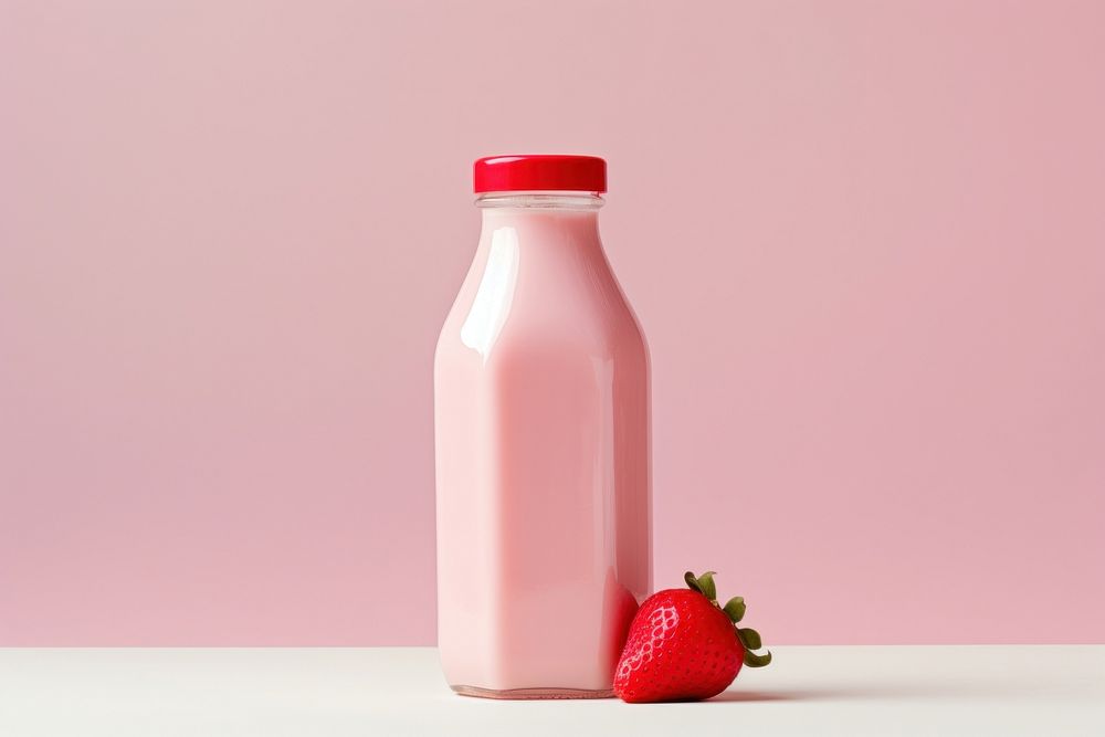 Strawberry milk bottle dairy fruit. AI generated Image by rawpixel.