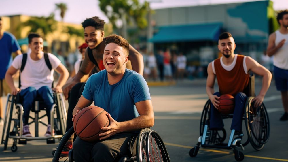 photo of a disable man in wheelchair playing basketball with friends. AI generated Image by rawpixel. 