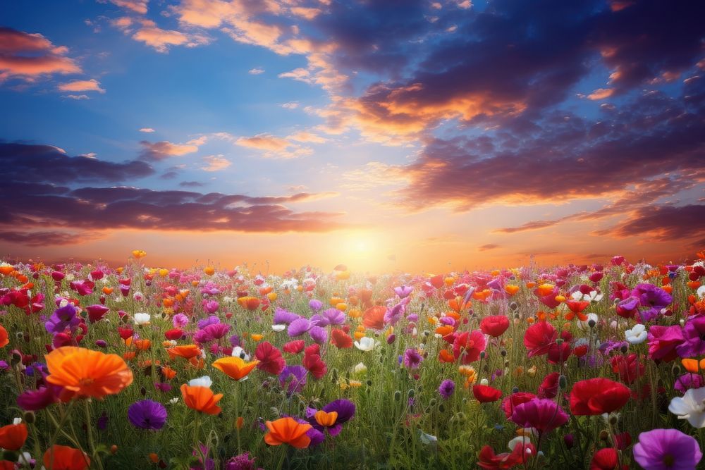 Flower meadow sky landscape grassland. AI generated Image by rawpixel.