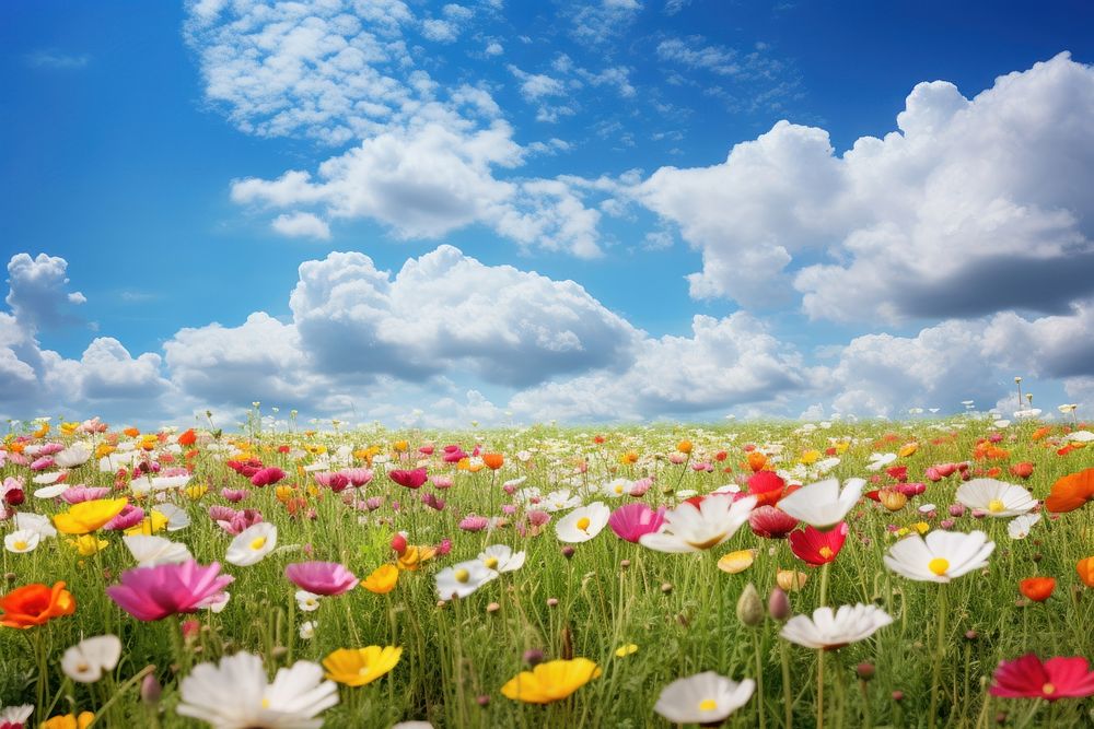 Flower meadow sky grassland landscape. 