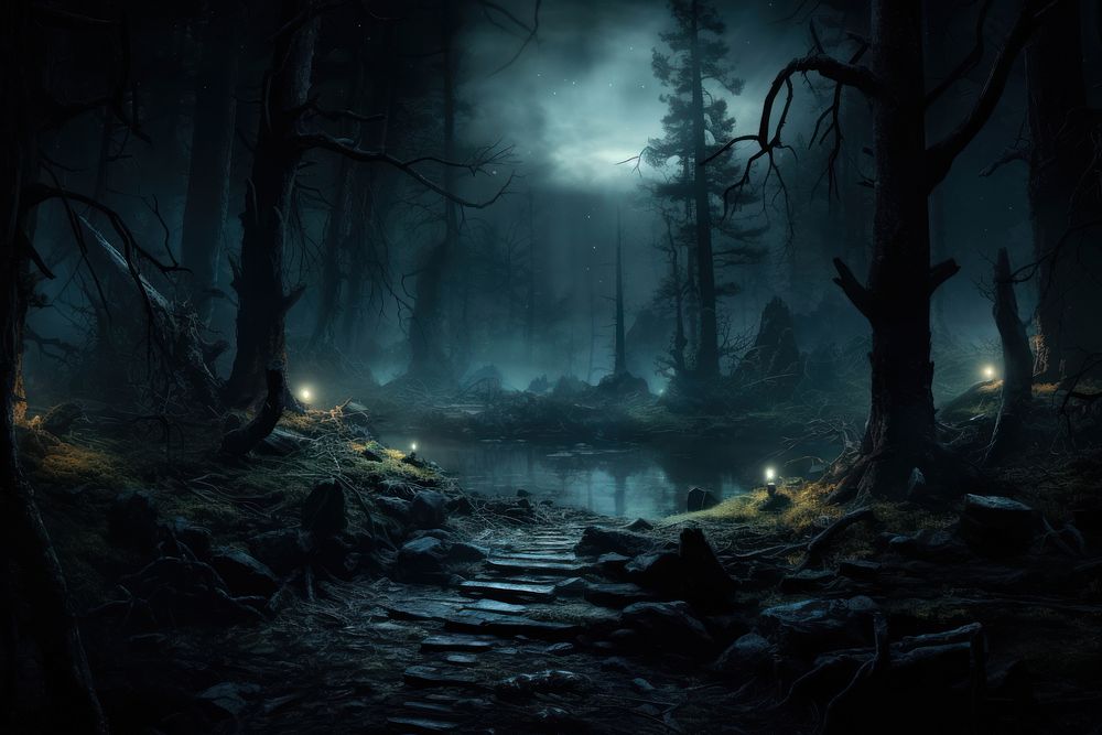 Forbidden forest outdoors nature night. AI generated Image by rawpixel.