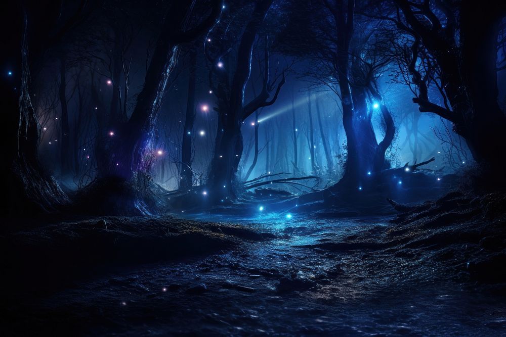 Forbidden forest night light outdoors. AI generated Image by rawpixel.