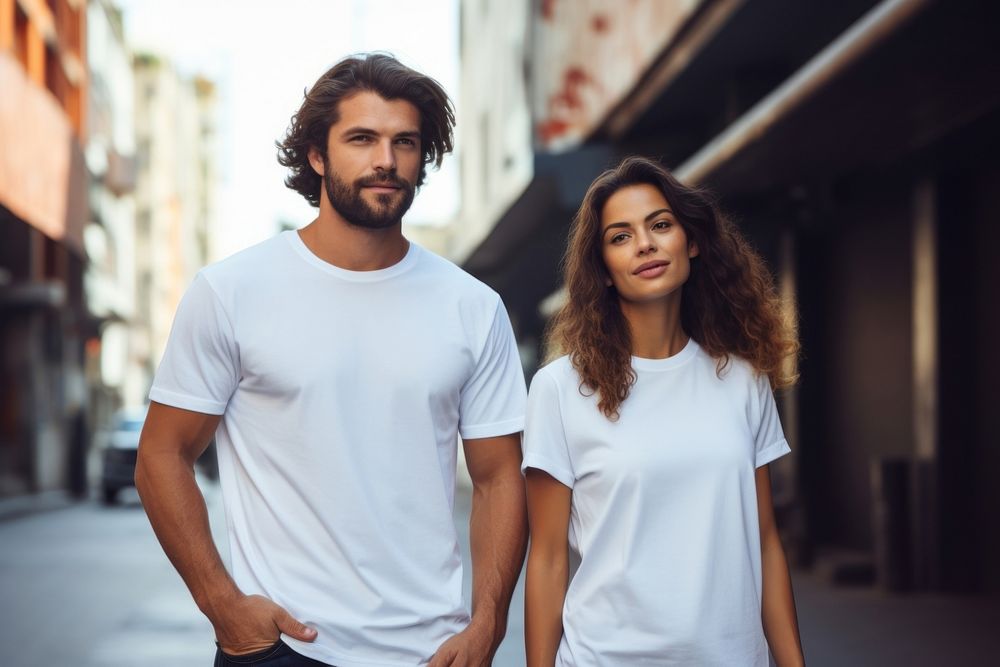 White t-shirt adult woman city. 