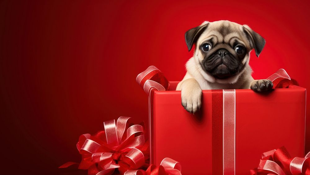 Photo of a puppy in a huge christmas gift box.  