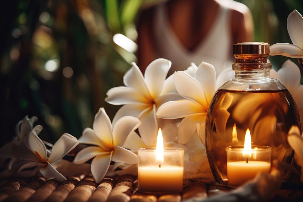 Candle frangipani flower bottle. AI generated Image by rawpixel.