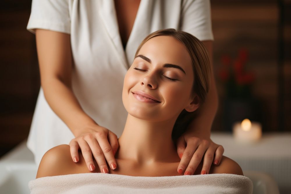 White woman enjoying a body massage adult spa spirituality. 