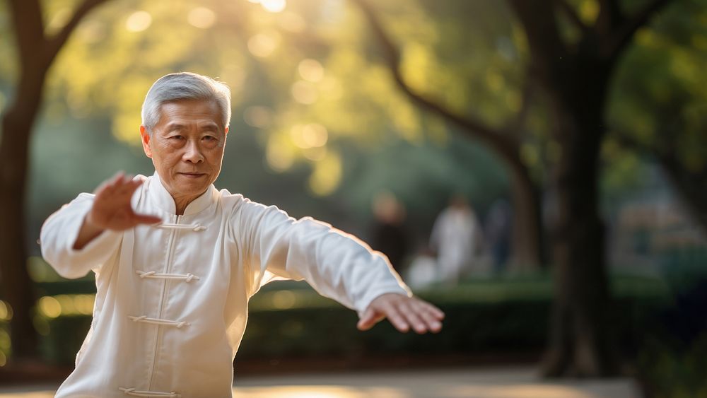 photo of an elderly asian man doing Tai chi in a park.  