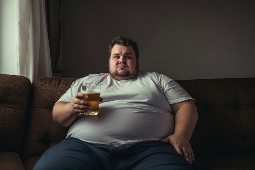 Overweight man sitting beer portrait glass. 